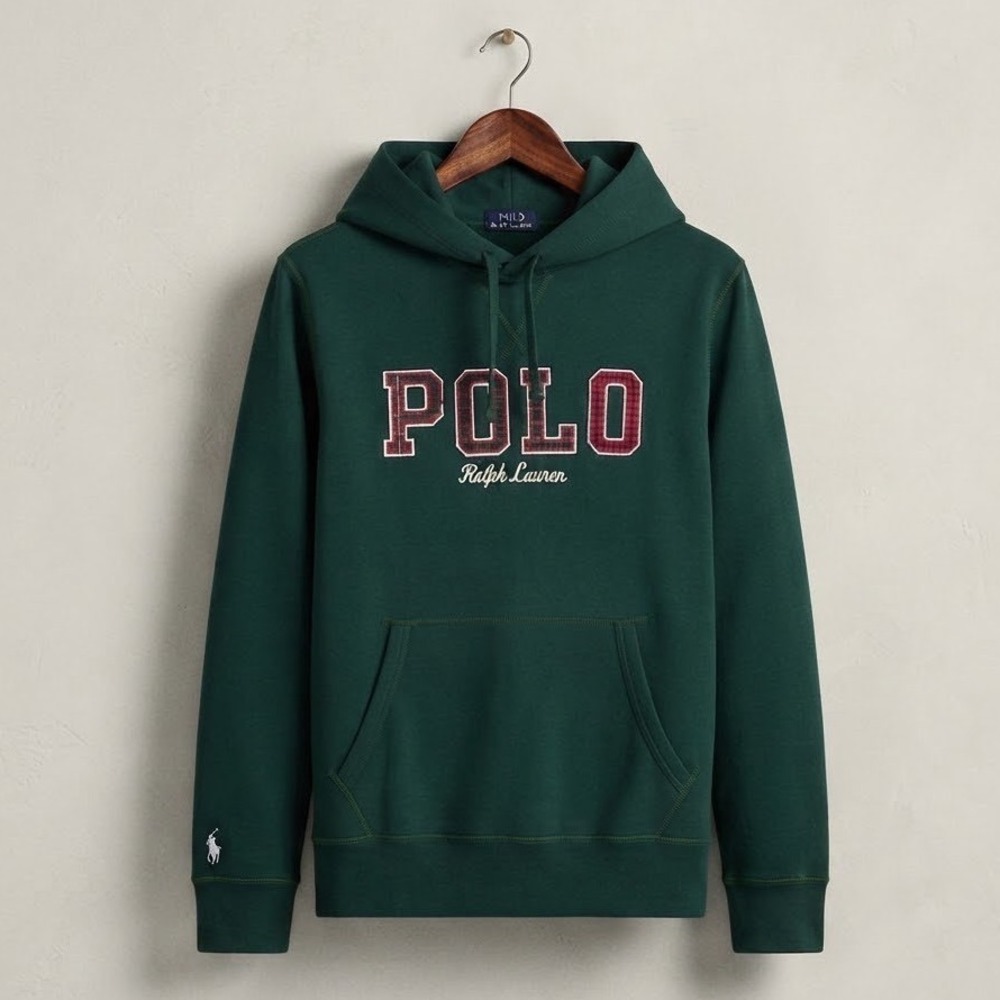 Polo Ralph Lauren Mens Green Plaid Applique Logo Fleece Hoodie Medium Preppy